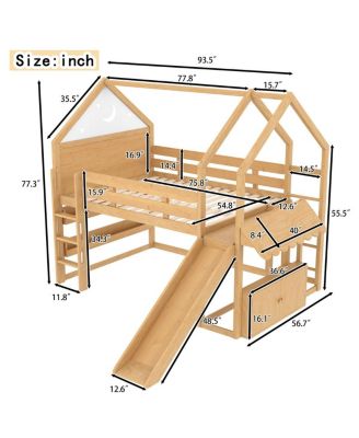 Loft Bed with Bookshelf and Slide for Kids