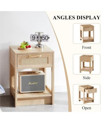 Wooden Rattan Nightstand with Drawer and Open Storage Shelf – End Table