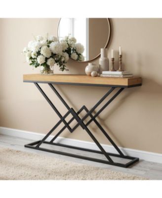 Solid Wood Console Table, 47.2" Industrial Entryway Table with Geometric Metal Frame