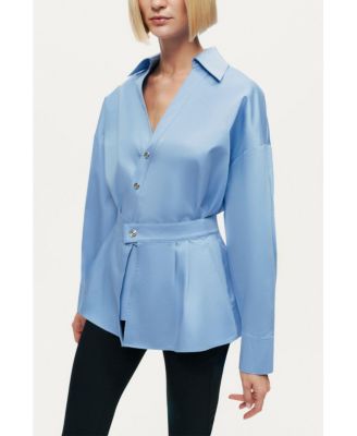 Women's Belted V-Neck Poplin Shirt
