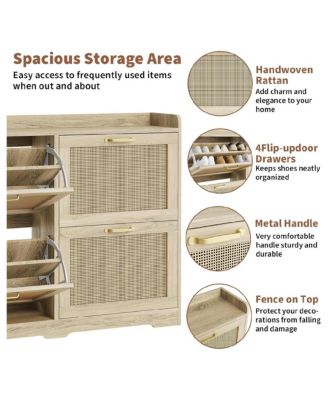 Rattan Shoe Storage Cabinet with 4 Flip Drawers, Hidden Shoe Storage Organizer Cabinet, Wide Freestanding Wood Breathable Shoe Rack Cabinet