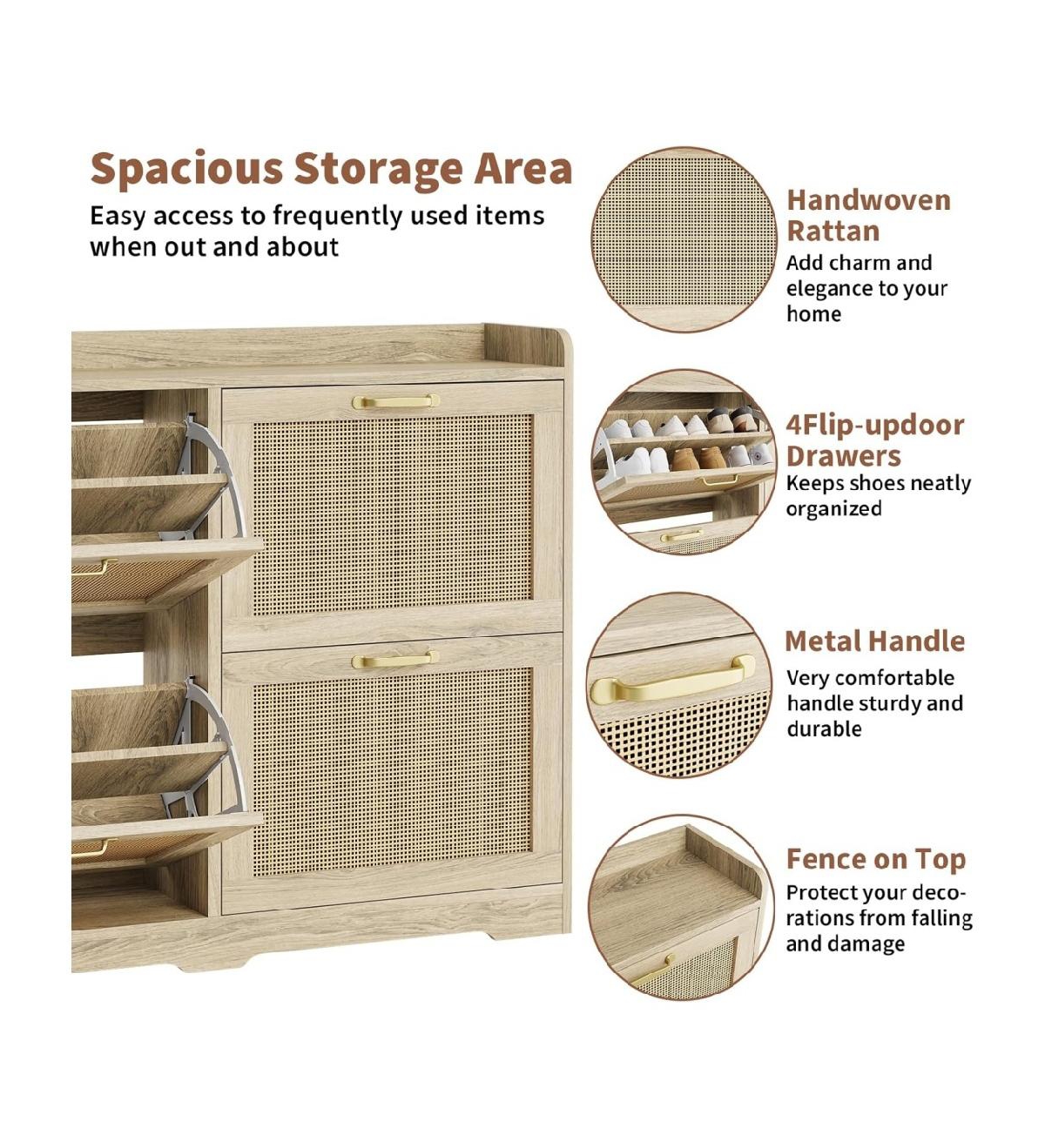 gaomon Rattan Shoe Storage Cabinet with 4 Flip Drawers, Hidden Shoe Storage Organizer Cabinet, Wide Freestanding Wood Breathable Shoe Rack Cabinet