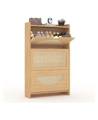 Shoe Cabinet with 3 Flip Drawer, Shoe Storage Cabinet with Narrow Rattan Weave Shoe Cabinet for Entryway, Farmhouse Style Shoe Organizer