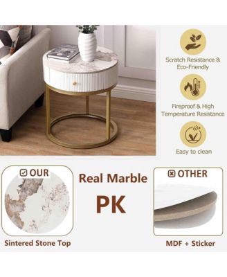 Marble Round Nightstand, Modern End Table with Drawer and Gold Metal Frame, Bedside Storage Table for Living Room Bedroom