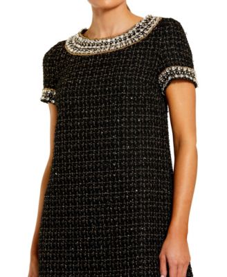 Women's Short Sleeve Boucle Mini Dress With Beading Detail