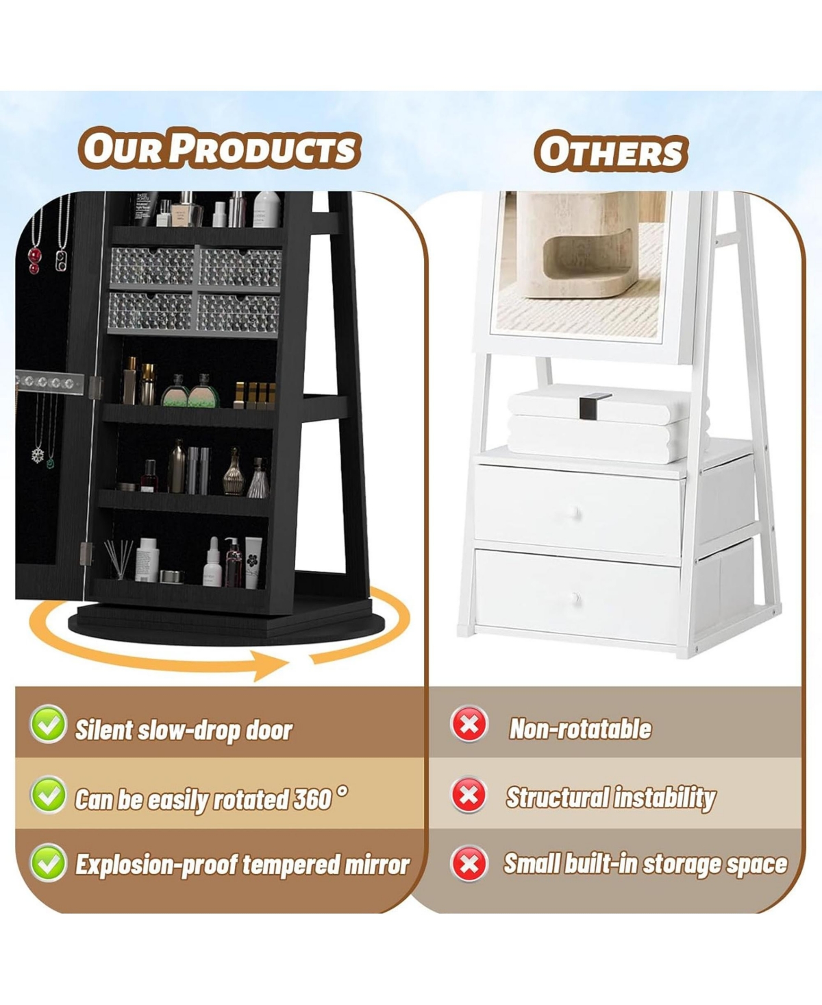 Rainsken 360° Swivel Lockable Rattan Jewelry Cabinet with Full Length Mirror and Display Shelves