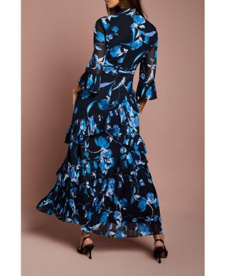 Women's Pleated Frill Chiffon Maxi Dress