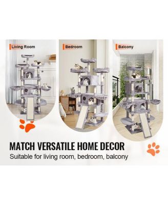Light Grey Indoor Cat Tower, 68.5" with Condos, Scratching Posts, Hammocks & Ramp, Pet Furniture
