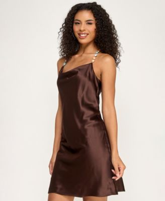 Juniors' Beaded Strap Drape Front Satin Slim Dress