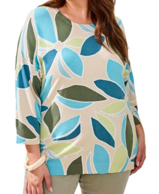 Plus Size Printed 3/4-Sleeve Crew Neck Sweater