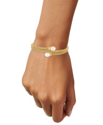 Cultured Freshwater Pearl (7.5-8mm) Bypass Coil Bangle Bracelet in 14k Gold over Sterling Silver