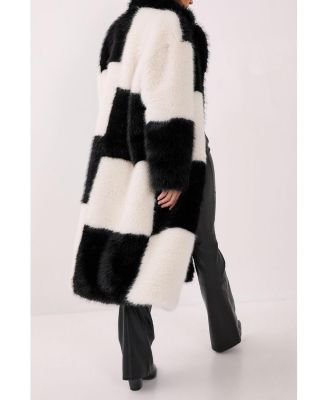 Women's Mono Check Faux Fur Coat