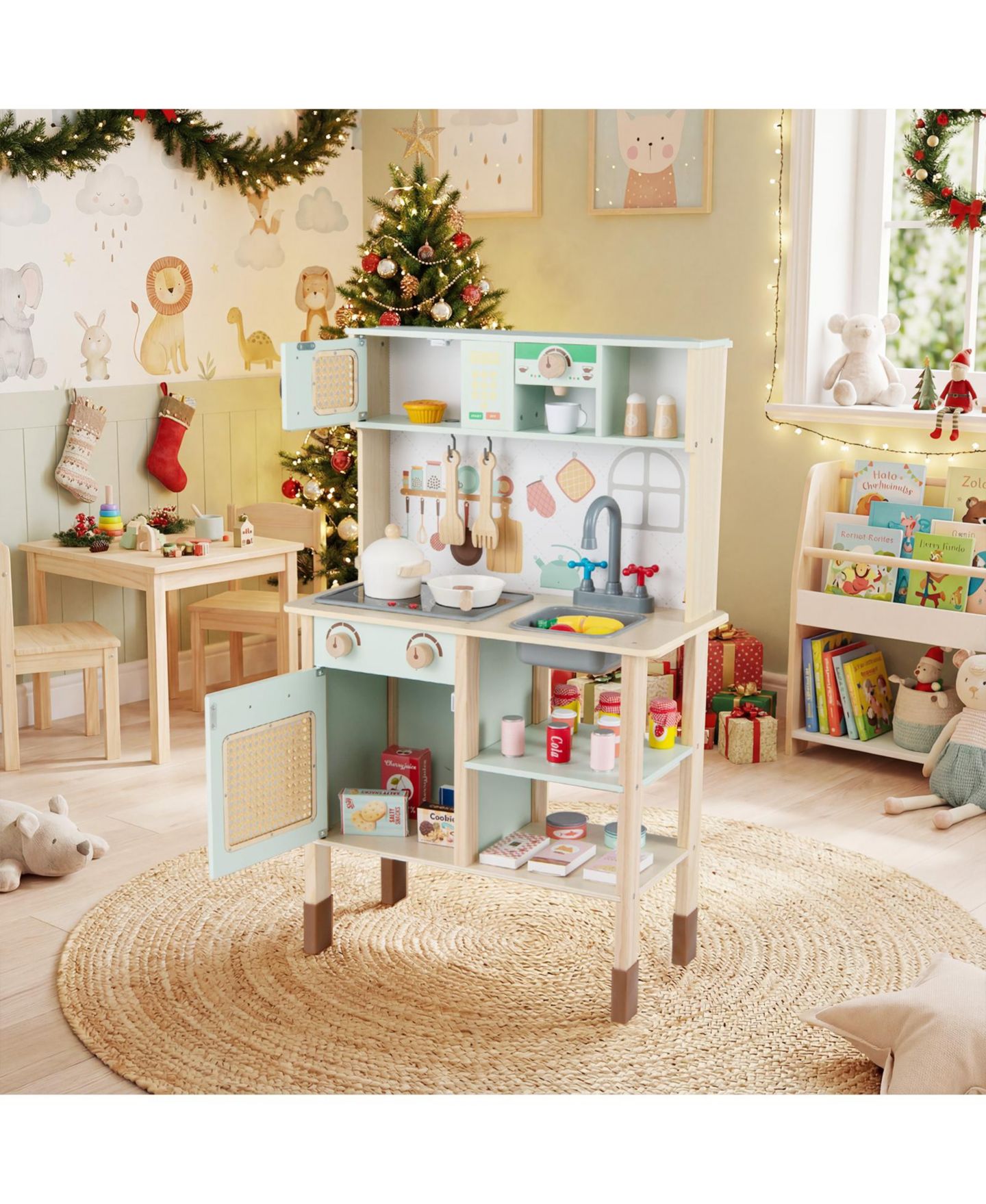 Детская игрушка Mecale Retro-Style Wooden Play Kitchen with Lights and Sounds, Ages 3+, цвет: Зелёный — фото 2