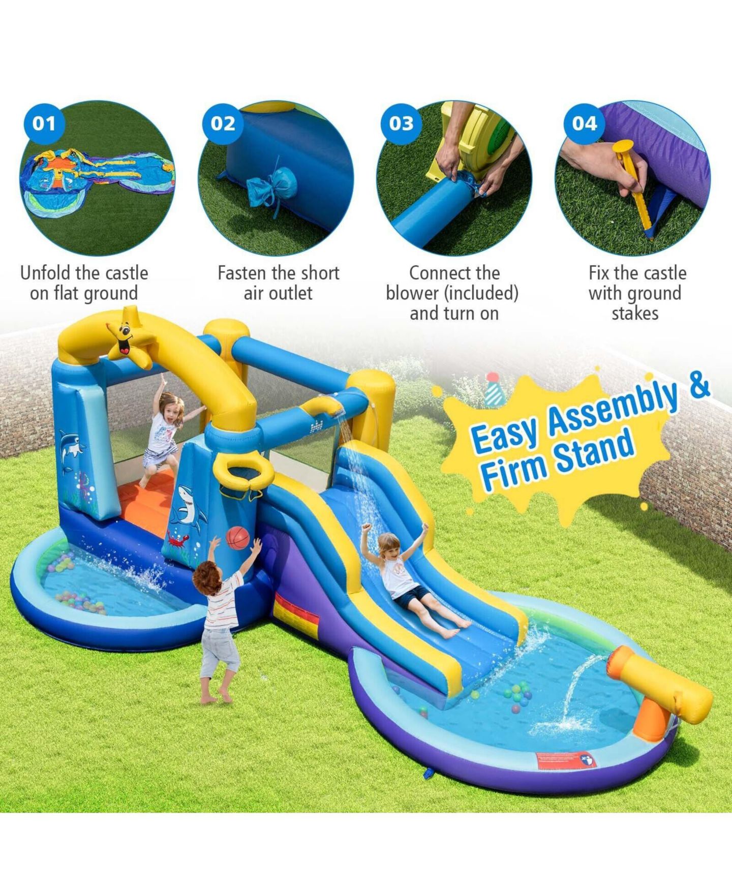 Детская игрушка Mecale Ocean-Themed Bounce House with Splash Pool and Raised Slide, Ages 3-10, цвет: Синий — фото 7