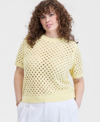 Trendy Plus Size Open-Knit Short-Sleeve Sweater