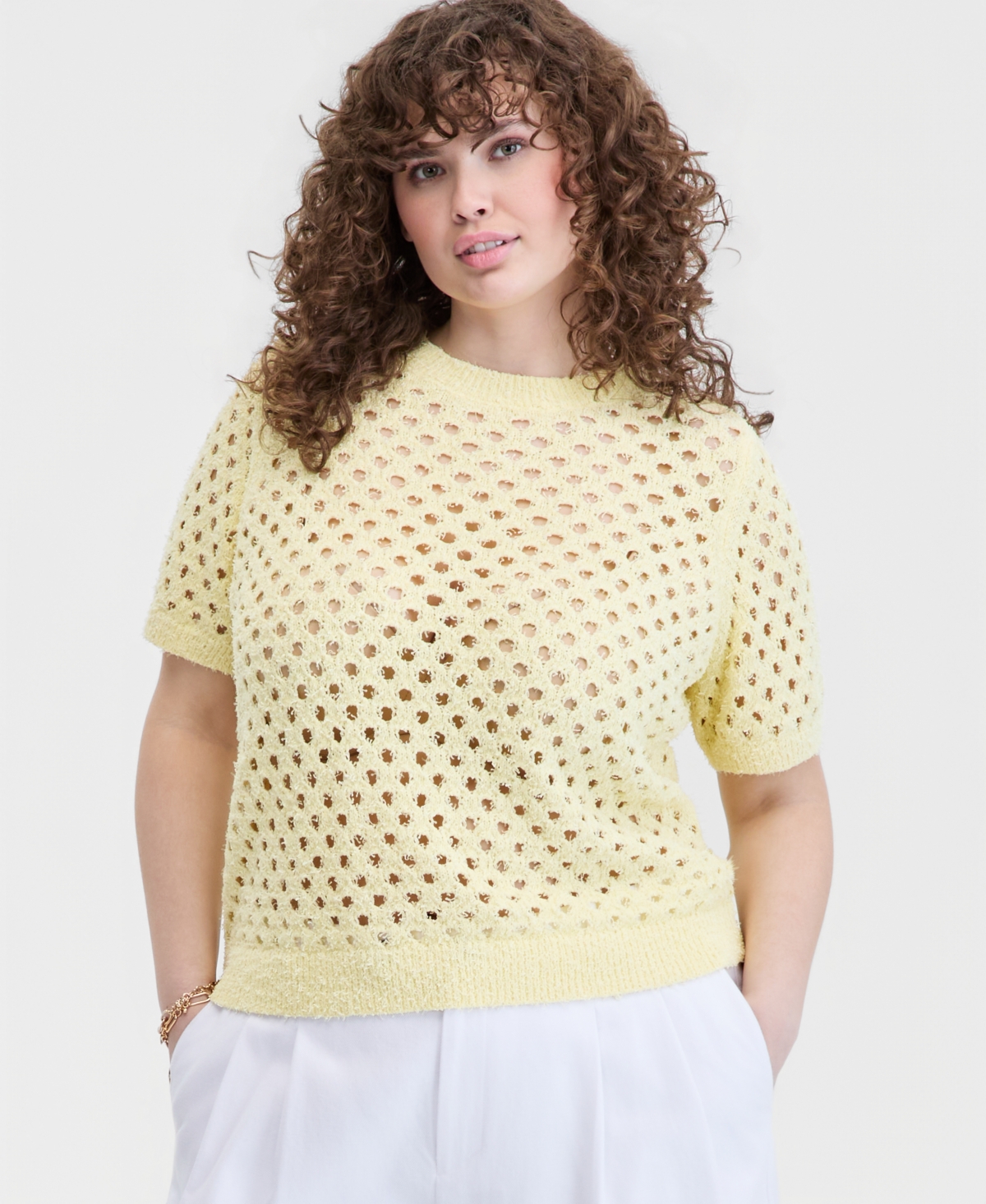 On 34th Trendy Plus Open-Knit Short-Sleeve Sweater, Macy's Exclusive