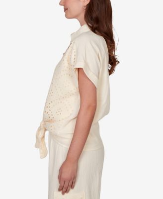Petite Eyelet Front Gauze Tie-Front Shirt