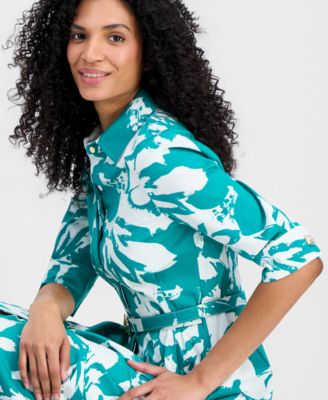 Women's Elbow-Sleeve Waist Tuck Midi Shirtdress