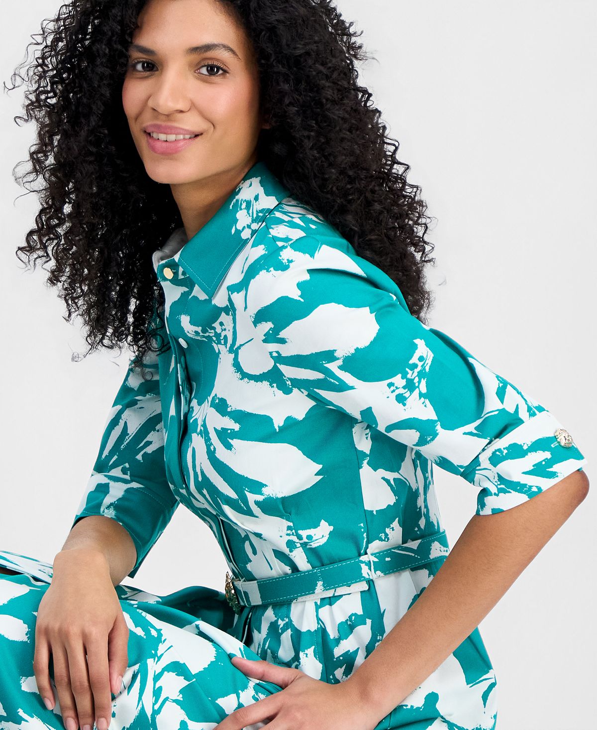 Anne Klein Women's Elbow-Sleeve Waist Tuck Midi Shirtdress view 4 — MAYCSS fashion products