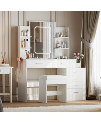 Wood Lighted-Mirror 6-Drawer Vanity Desk with Charging Station & Stool
