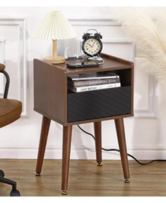 Mid Century Modern Wood Nightstand Side Table with Charging Station and Drawer