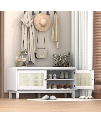 Rattan Shoe Storage Bench, Wooden Shoe Organizer with Cushion, 2 Doors, 2-Tier Shoe Rack and Adjustable Shelves for Entryway, Hallway