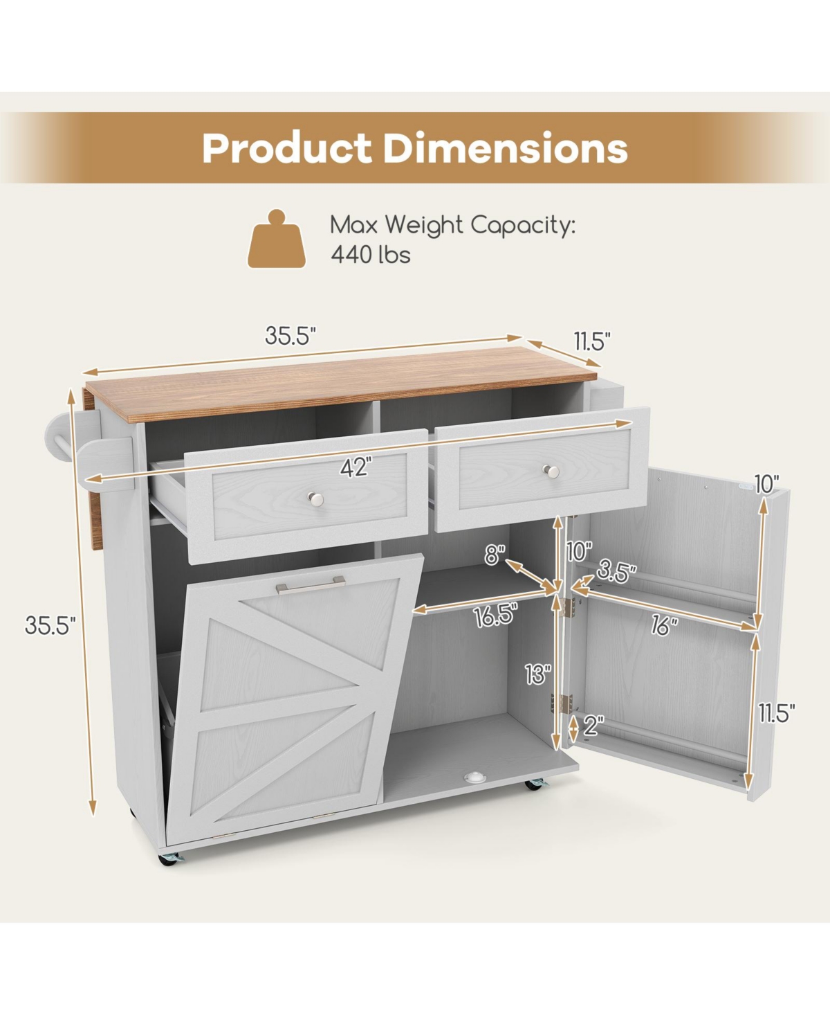 Volenca Wood Rolling Kitchen Island Cart with Trash Can Cabinet, Storage Shelves & Rubber Wheels