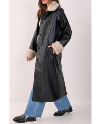 Women's Faux Leather Longline Fur Trim Coat