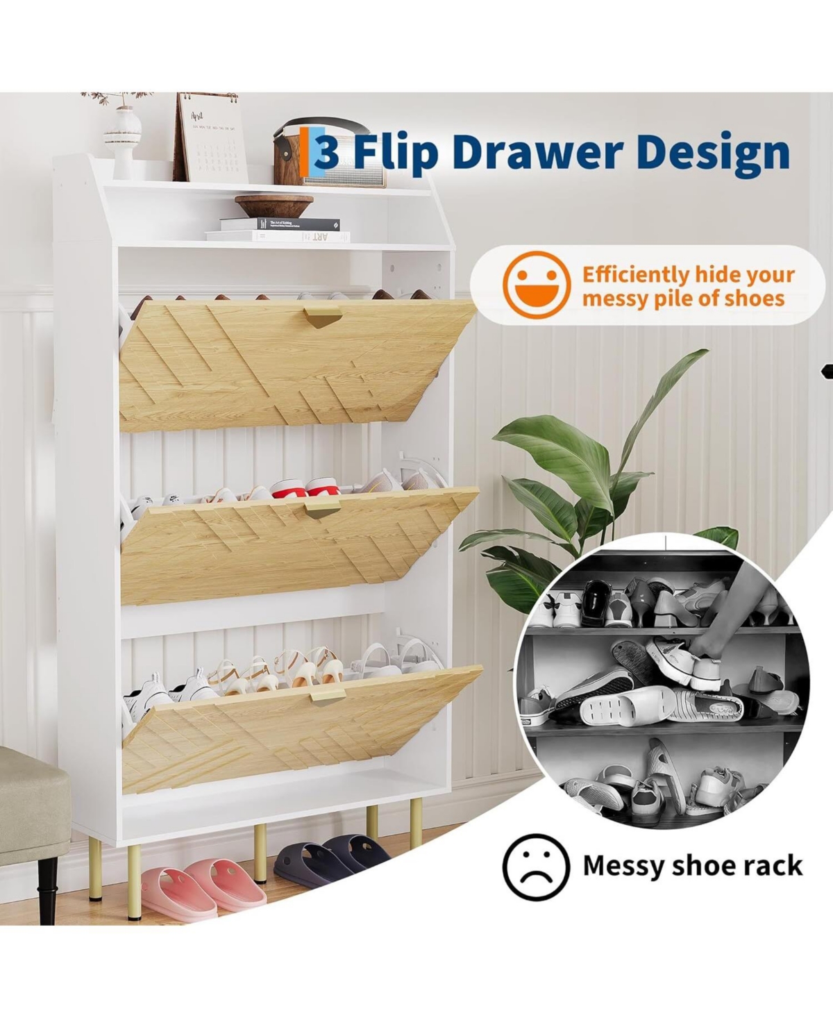 gaomon Shoe Cabinet with 3 Flip Drawers, Narrow Slim Shoe Storage Organizer, Farmhouse Freestanding Hidden Shoe Rack, White Wood Grain