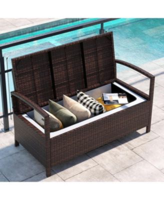 2-Seat PE Wicker Patio Storage Bench with Cushion and Deck Box