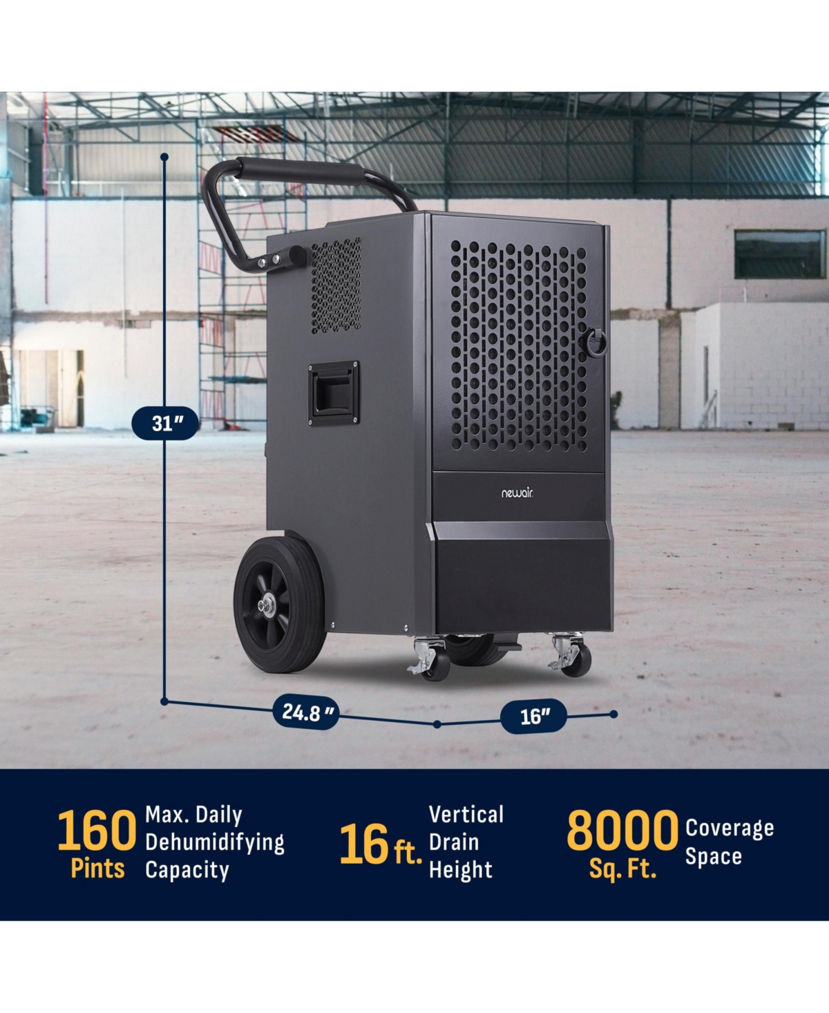 Newair 160 Pints Commercial Dehumidifier with Pump, Drain Hose, Cover up to 8000 sq. ft. for basement