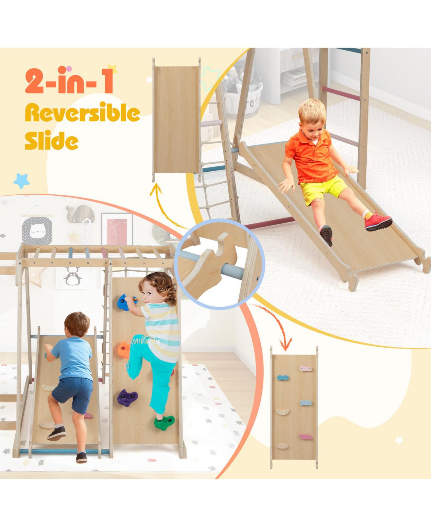 Детская игрушка Mecale 6-in-1 Birch Wood Indoor Jungle Gym with Slide, Monkey Bars & Basketball Hoop, Ages 3-14, цвет: Коричневый — фото 5