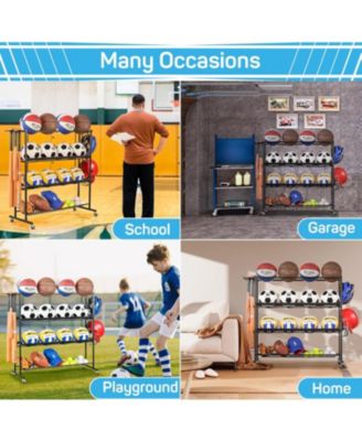 Basketball Rack, Ball Storage with Baseball Bat Holder, Rolling Ball rack with Removable Nylon Mesh for Various Ball Sizes