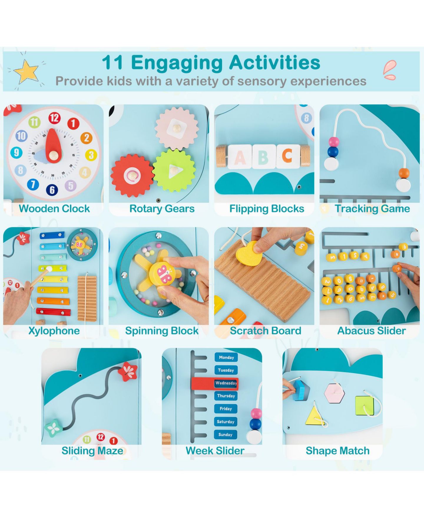 Детская игрушка Mecale 11-in-1 Montessori Activity-Wall Busy Board, Ages 3+, цвет: Синий — фото 4