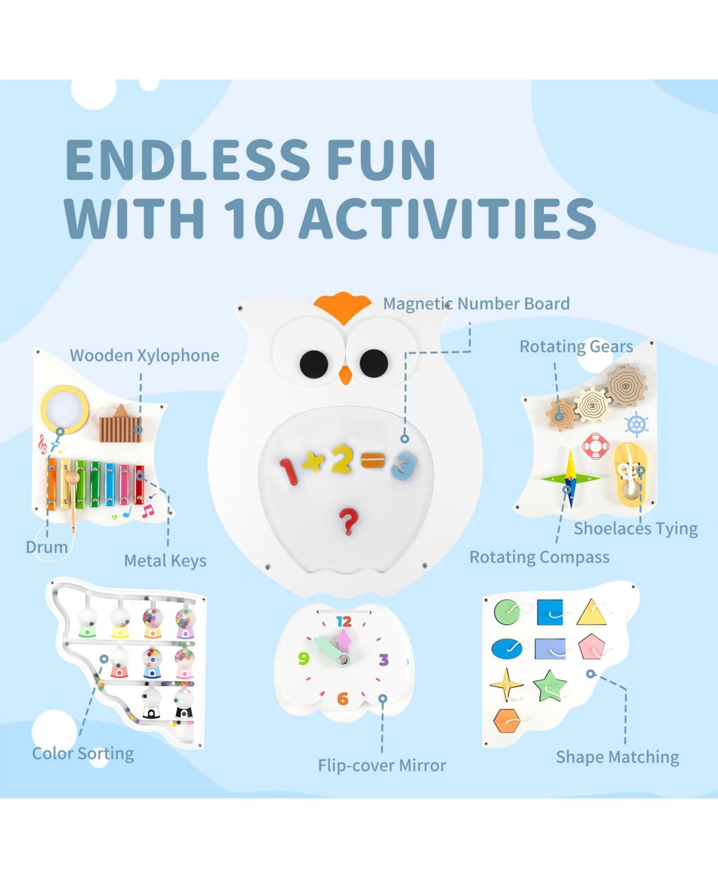 Детская игрушка Mecale 11-in-1 Owl Montessori Activity Busy Board, Ages 3+, цвет: Белый — фото 4