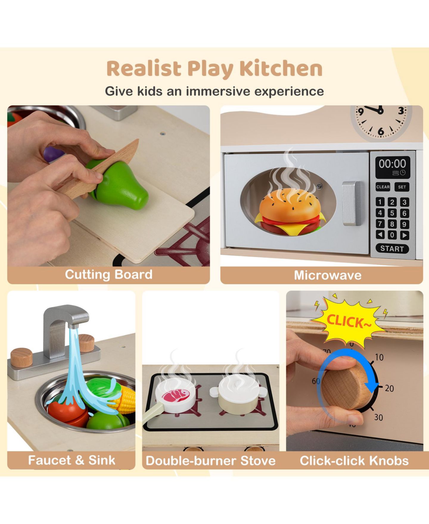Детские игрушки Mecale Wooden 13-Piece Play Kitchen, Ages 3+, цвет: Коричневый — фото 4