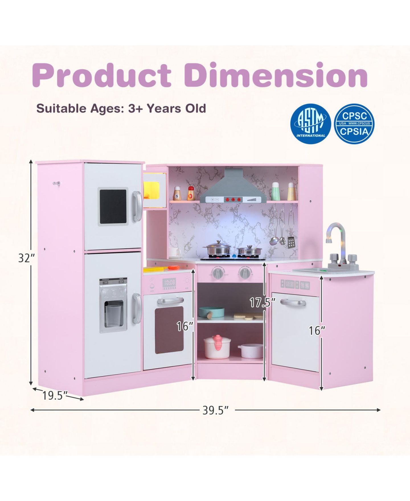 Детский игровой набор Mecale Separate Washing Basin Kids Corner Kitchen Playset, Ages 3+, цвет: Розовый — фото 3