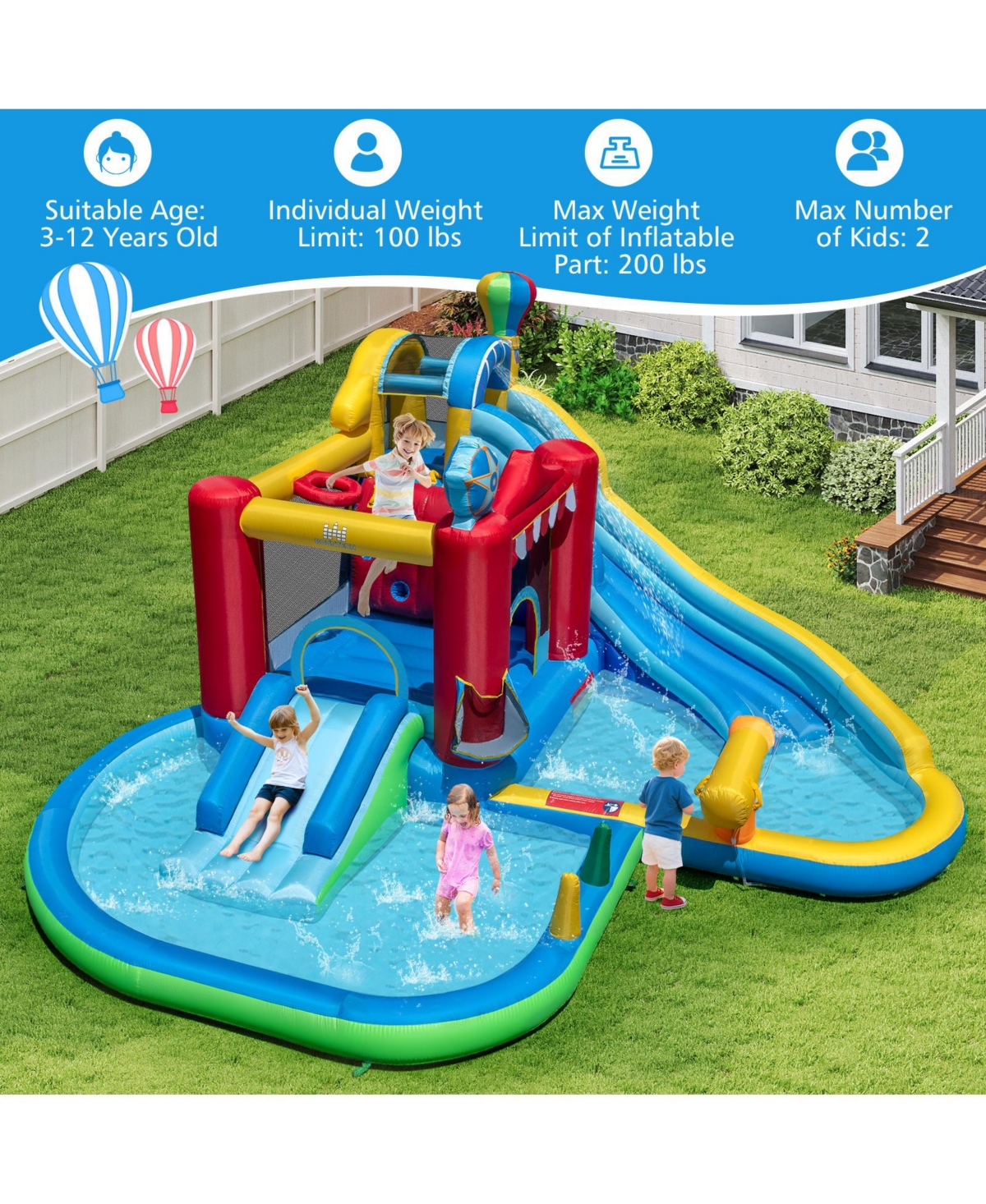 Mecale Inflatable Water Park with Splash Pool & Water Cannon, No Blower Included