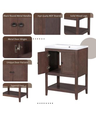 24" Bathroom Vanity with Ceramic Sink, Solid Wood Frame, Open Shelf Storage for Modern Small Spaces