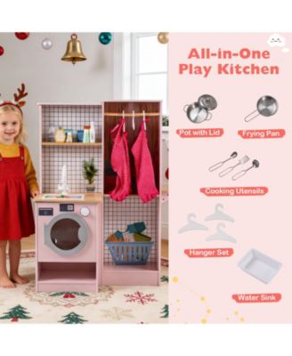 Dual-Sided Kids Play Kitchen with Water Dispenser & Range Hood for Ages 3