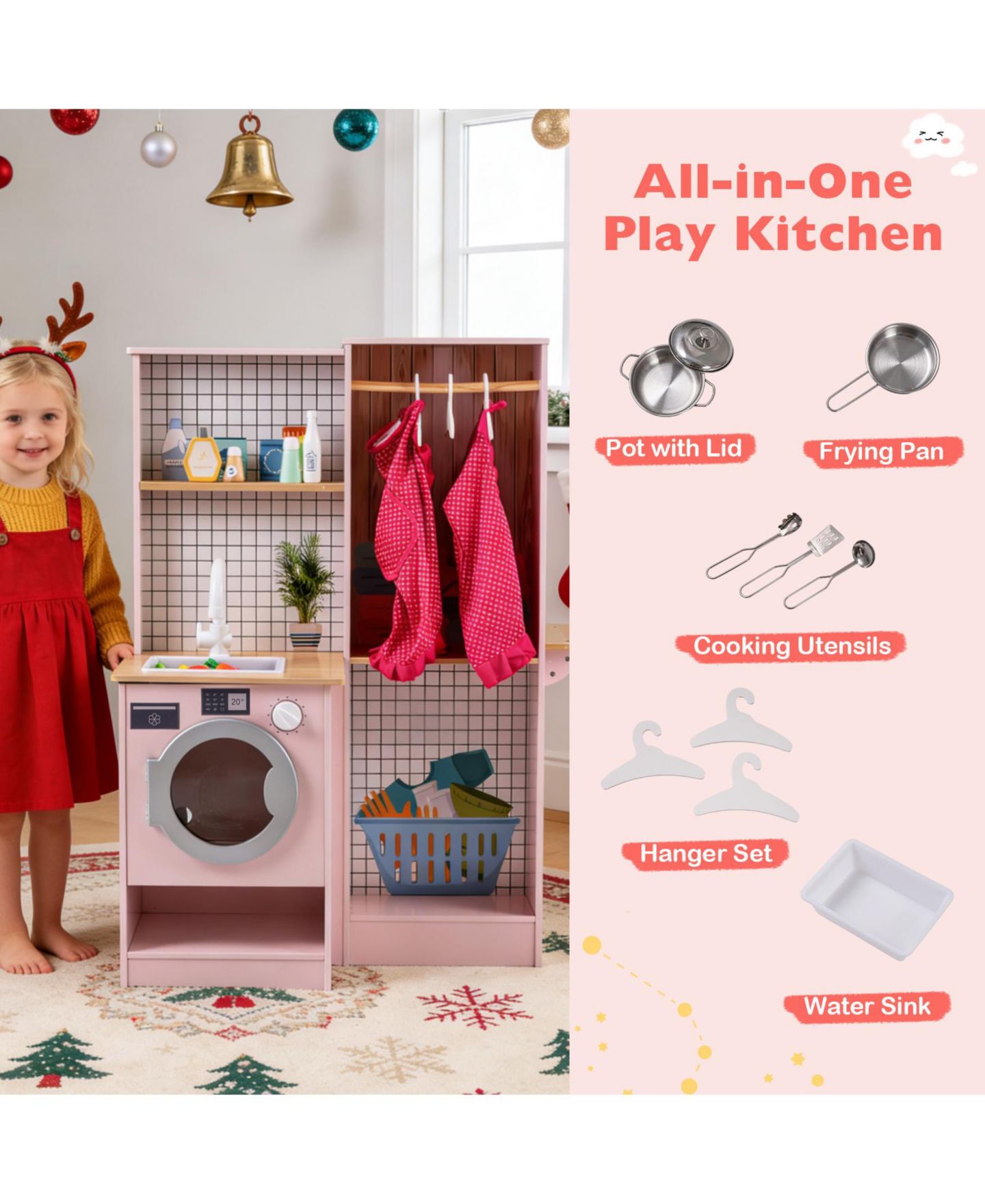 Детские игрушки Mecale Dual-Sided Kids Play Kitchen with Water Dispenser, 10-Piece Set, Ages 3+, цвет: Розовый — фото 5