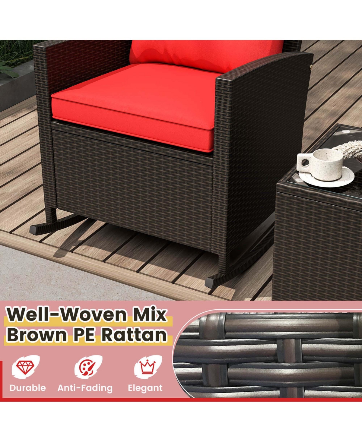 3 Pcs Patio Wicker Rocking Set with Tempered Glass Table & Soft Cushions Outdoor