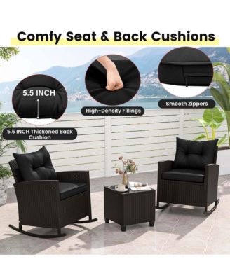 3 PCS Patio Wicker Rocking Set with Tempered Glass Table and Soft Cushions Outdoor
