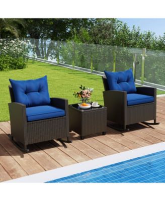 3 PCS Patio Wicker Rocking Set with Tempered Glass Table & Soft Cushions Outdoor