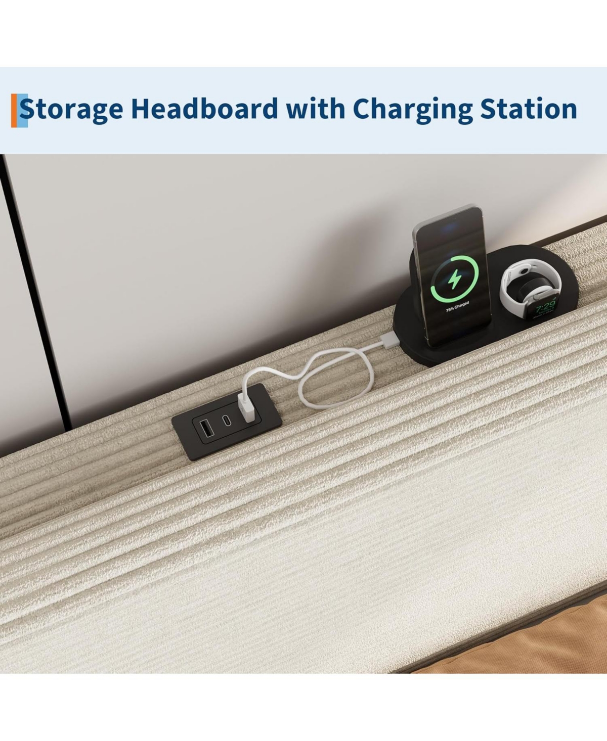 gaomon Bed Frame with Charging Station, Corduroy Upholstered Platform Bed Frame with Headboard and Storage Shelf, Solid Wood Slats