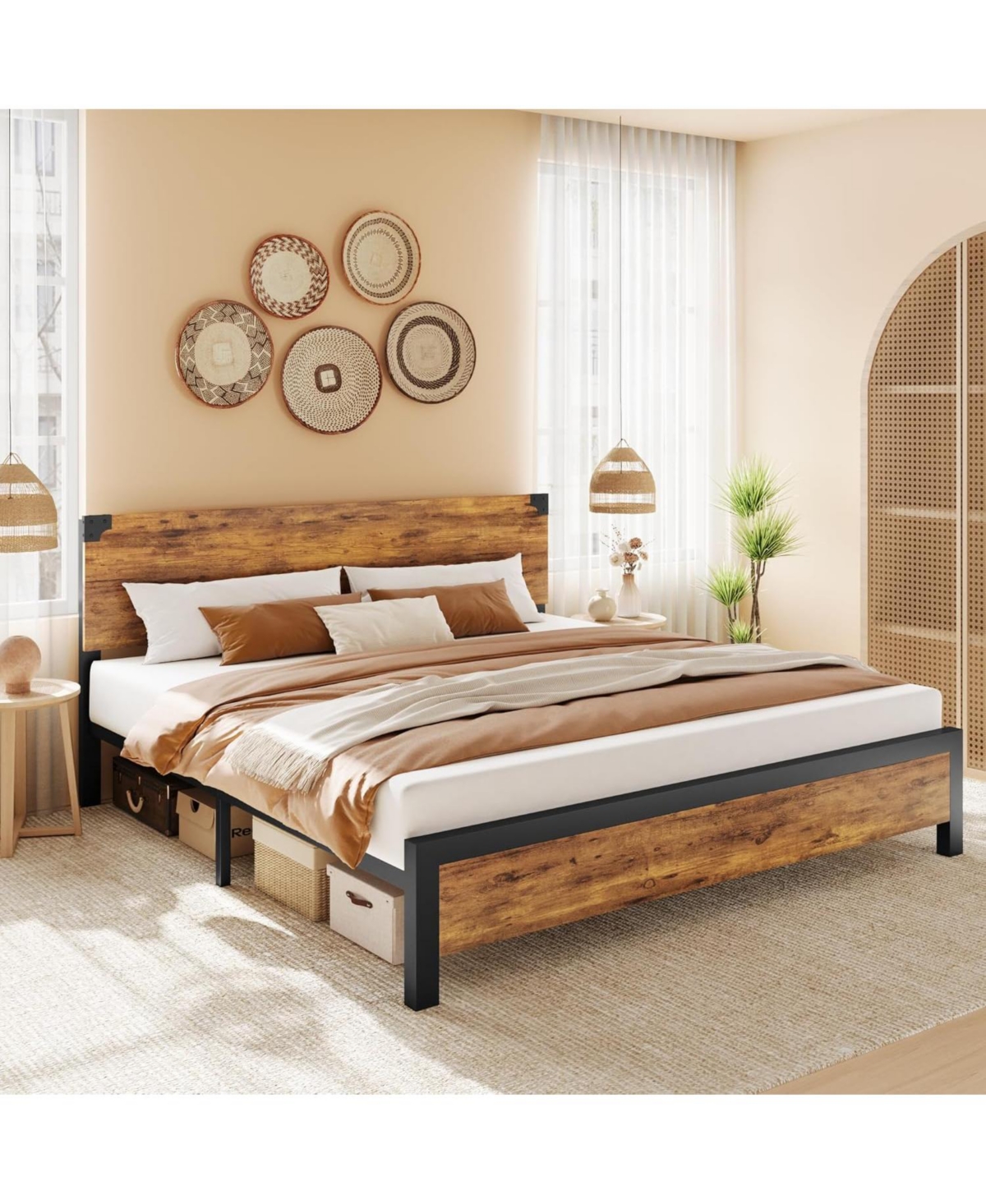gaomon Bed Frame with Wooden Headboard – Features a Platform Design with Under-Bed Storage and Metal Legs. Noise-Free Operation