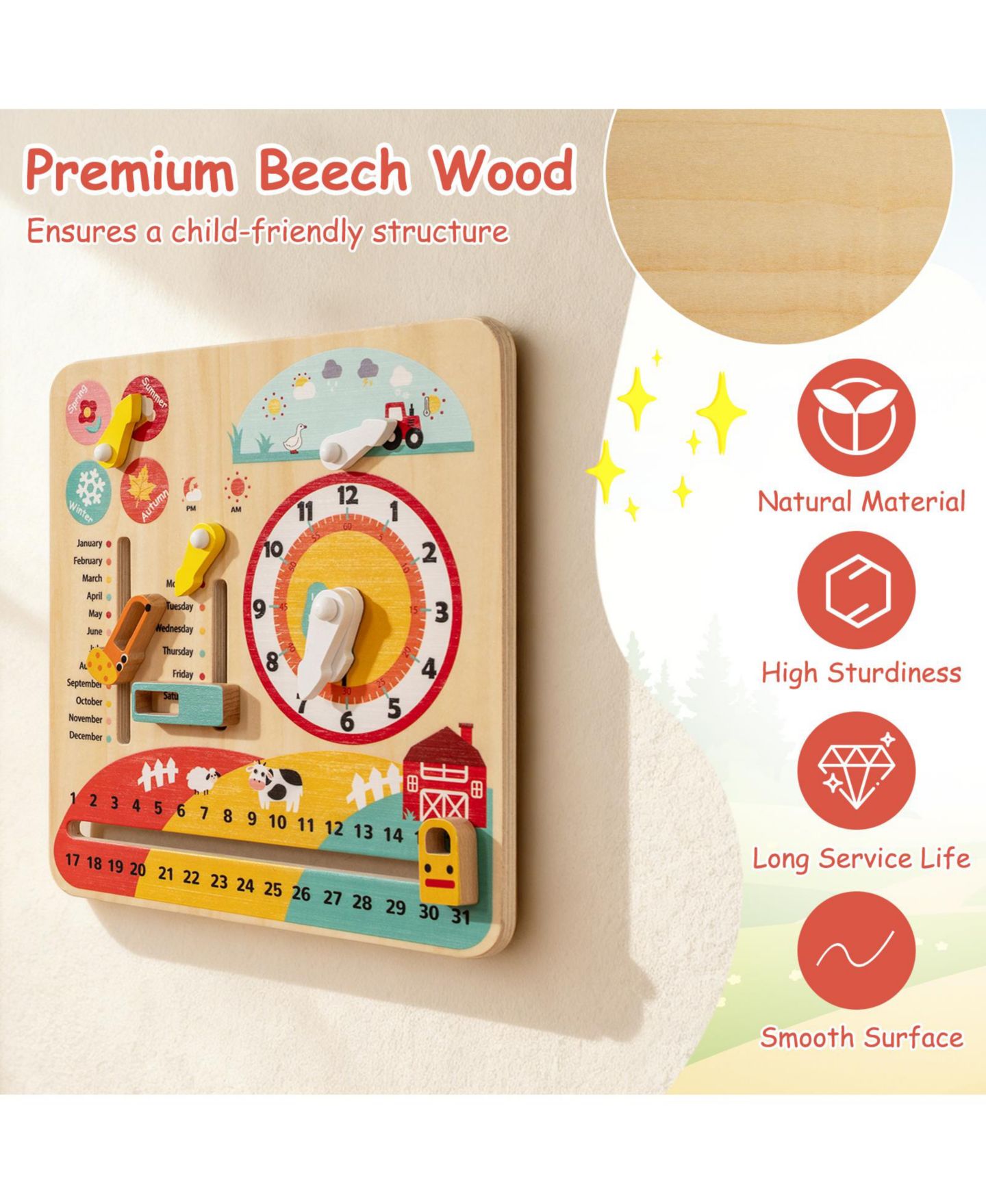 Детская игрушка Mecale Montessori Wooden Seasons Learning Clock, Ages 3+, цвет: Коричневый — фото 6