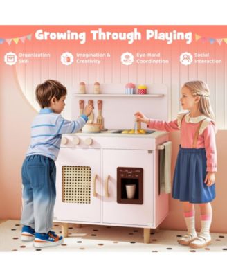 Wooden Pretend Kitchen Playset with Realistic Ice Maker, Fun Interactive Toy