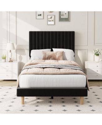 Twin Upholstered Platform Velvet Bed Frame with Headboard, Strong Wooden Slats Support