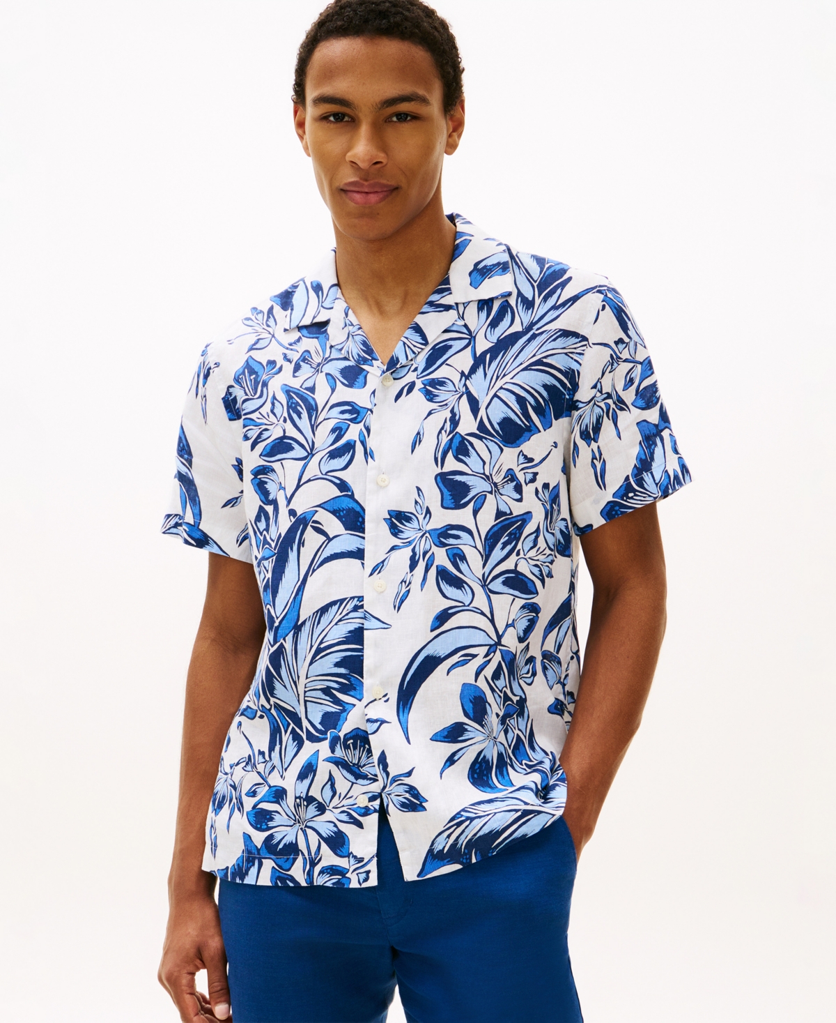 Tommy Hilfiger Men's Linen All-Over Floral Short-Sleeve Print Shirt - White/Blue